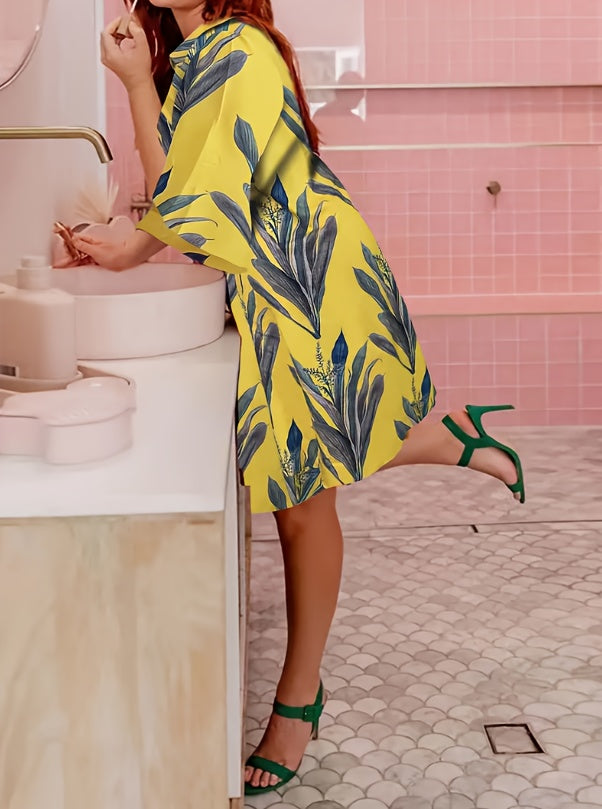 Floral Button-Down Midi Dress with Long Sleeves, Women's Casual Dress