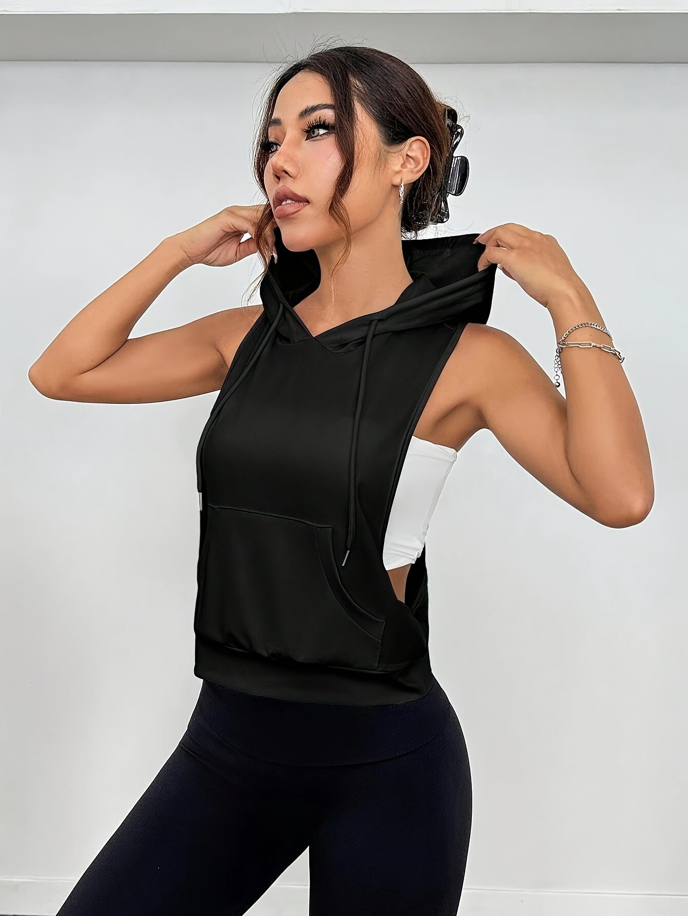 Women's 2pcs Sleeveless Hooded Tank Tops - Stretchy Polyester Activewear, White & Black, Casual Sporty Design, Machine Washable, Spring/Summer Collection