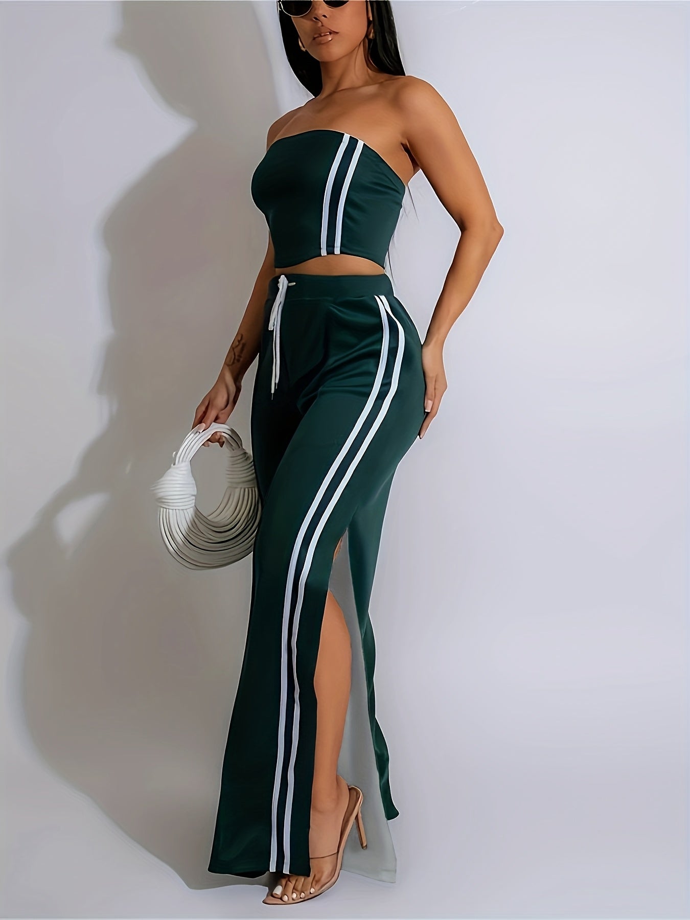 Loose-Fitting Striped Long Pants Set with a Bustier Top