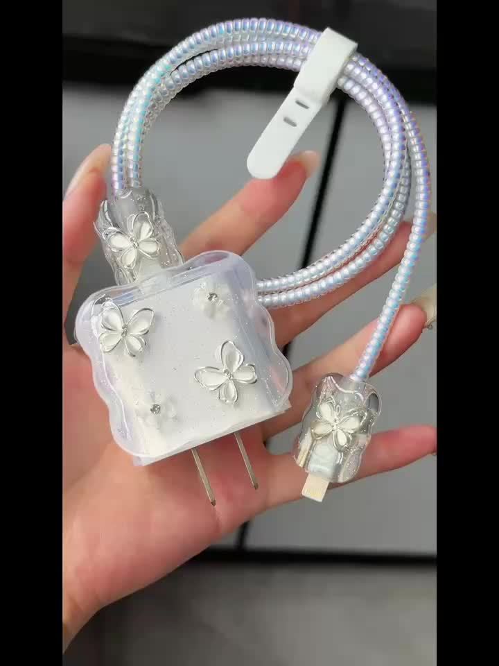 5-Piece Set 3D Cartoon Crystal Butterfly Design Charger Protector Cover Suitable for Apple 18W/20W Adapter, TPU Cable Protector Sleeve with Phone Cable Spiral Protection Accessories