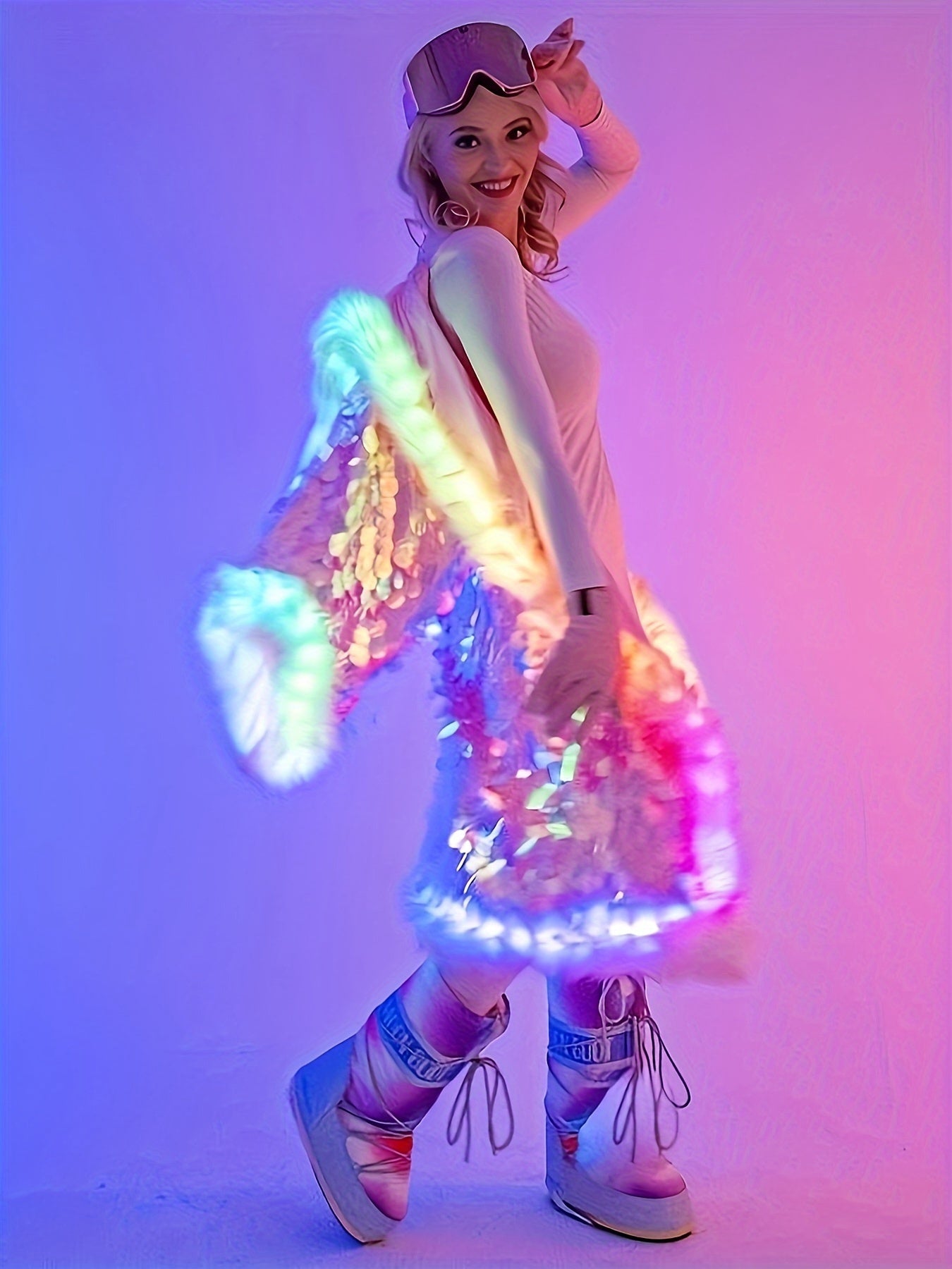 Women's LED Sequin Faux Fur Coat - Long Hooded Festival & Cosplay Outfit, USB-Powered, Flare Sleeves, Mermaid Tail Design, Vibrant Pink to Blue Gradient (Batteries Not Included), Cosplay Costume | Sequin Embellished | LED Lit