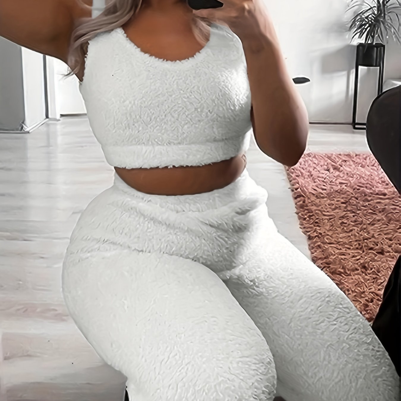 Cozy Solid Fuzzy Lounge Set - Soft Micro Elastic Polyester Tank Crop Top & Elastic Waistband Pants for Women - Machine Washable, Casual Fall/Winter Loungewear & Sleepwear for Adult