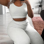 Cozy Solid Fuzzy Lounge Set - Soft Micro Elastic Polyester Tank Crop Top & Elastic Waistband Pants for Women - Machine Washable, Casual Fall/Winter Loungewear & Sleepwear for Adult
