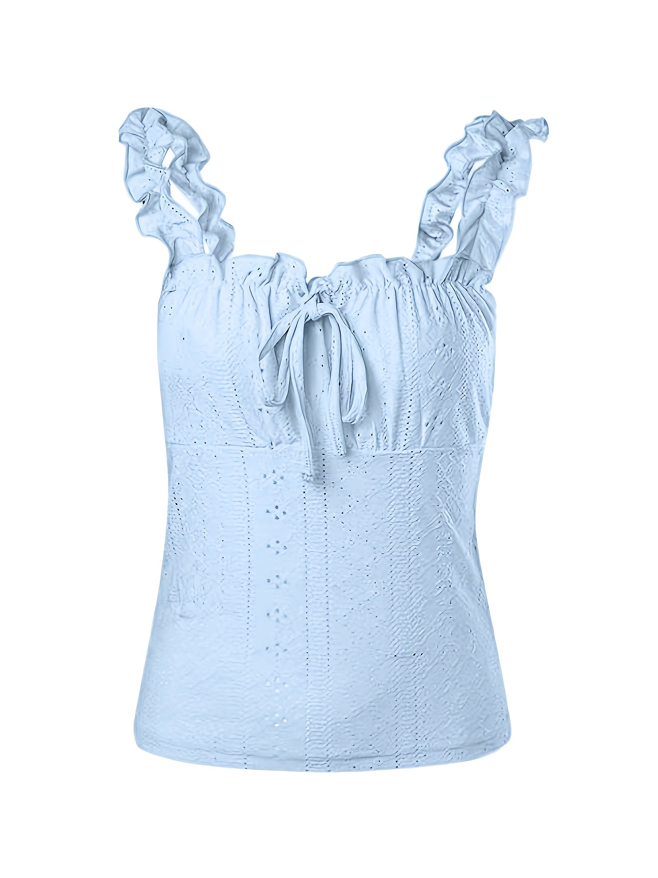 Women'S Elegant Blue Lettuce Trim Cami Top with Floral Print & Tie-Dye Detail - Sleeveless, Stretchy Spandex, Perfect for Spring/Summer/Fall