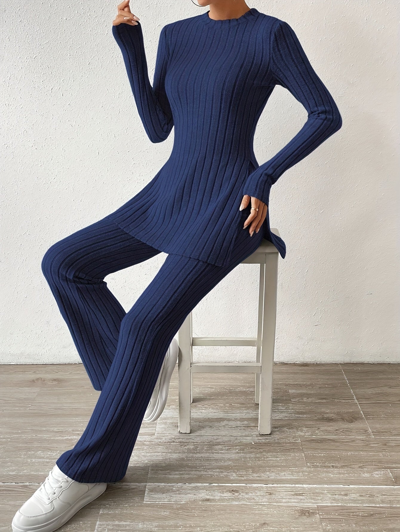 Ribbed Knit Tee with Split Hem & Pants