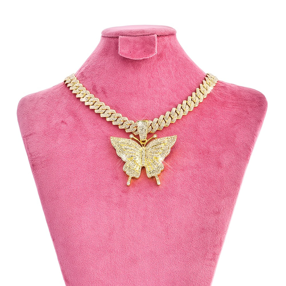 Hiphop Butterfly Pendant Necklace Setanimal themed jewelry Y2K style zinc alloychain with synthetic stone and setaperfect for parties, music festivals andValentine's Day gifts Fashion jewelry