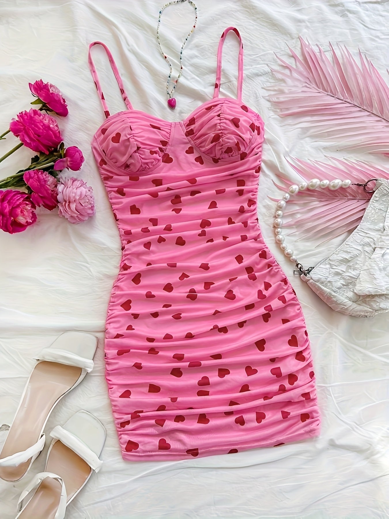 Women's Stylish Pink Heart Print V-Neck Cami Dress - Sleeveless Ruched Bodycon Summer Dress for Casual or Vacation Wear, Romantic Getaway Attire | Vneck Dress | Gathered Detailing