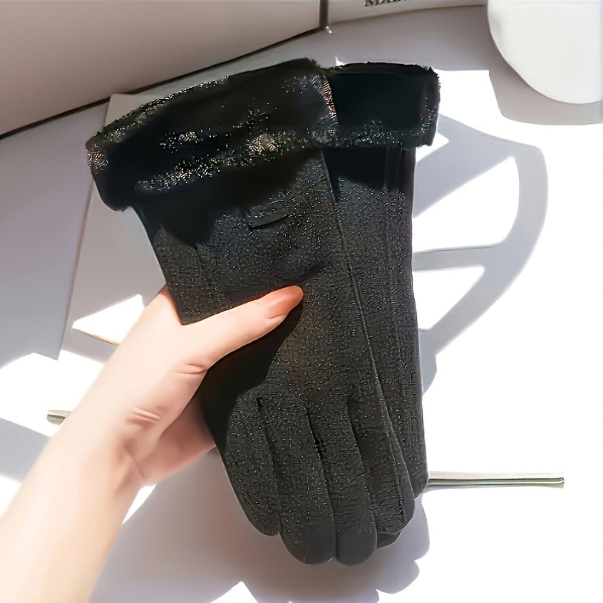 Women'S Beige Touchscreen Gloves - Thick Warm Plush Lined Full Finger Mittens for Winter, Knitted Polyester, Non-Stretch, Hand Washable, Ideal for Going Out