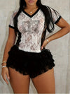 Women'S Spring Summer V-Neck Poly Lace Crop Top, Color Block Pattern, Knit Fabric, 95g/m², Short Sleeve, Rhinestone, Sexy, Sheer, for Nights Club