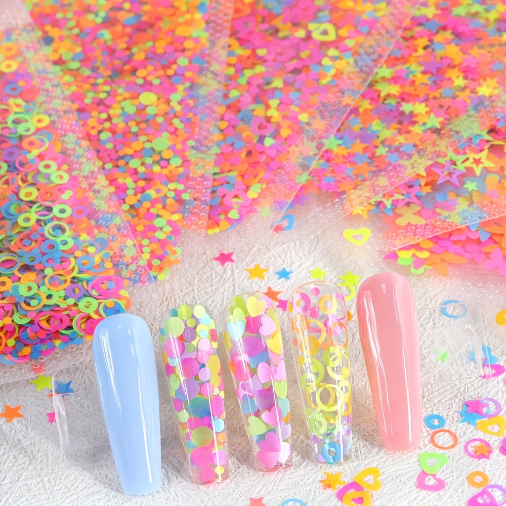 7-Pack Fluorescent Glitter Nail Art Decorations, 2g Each, Mixed Colorful Ring, Heart & Star Shapes, Gel Nail Filler, DIY Charm, Nail Supplies for Salon & Home Use For Music Festival