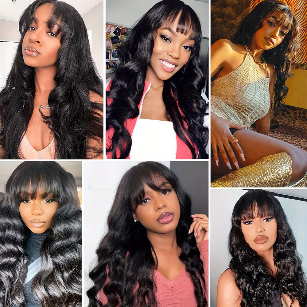 Body Wave Wigs with Bangs 100% Human Hair Wigs for Women None Lace Front Wigs 200%Density Brazilian Virgin Hair Glueless Machine Made Wig Human Hair Wigs with Bangs Natural Color