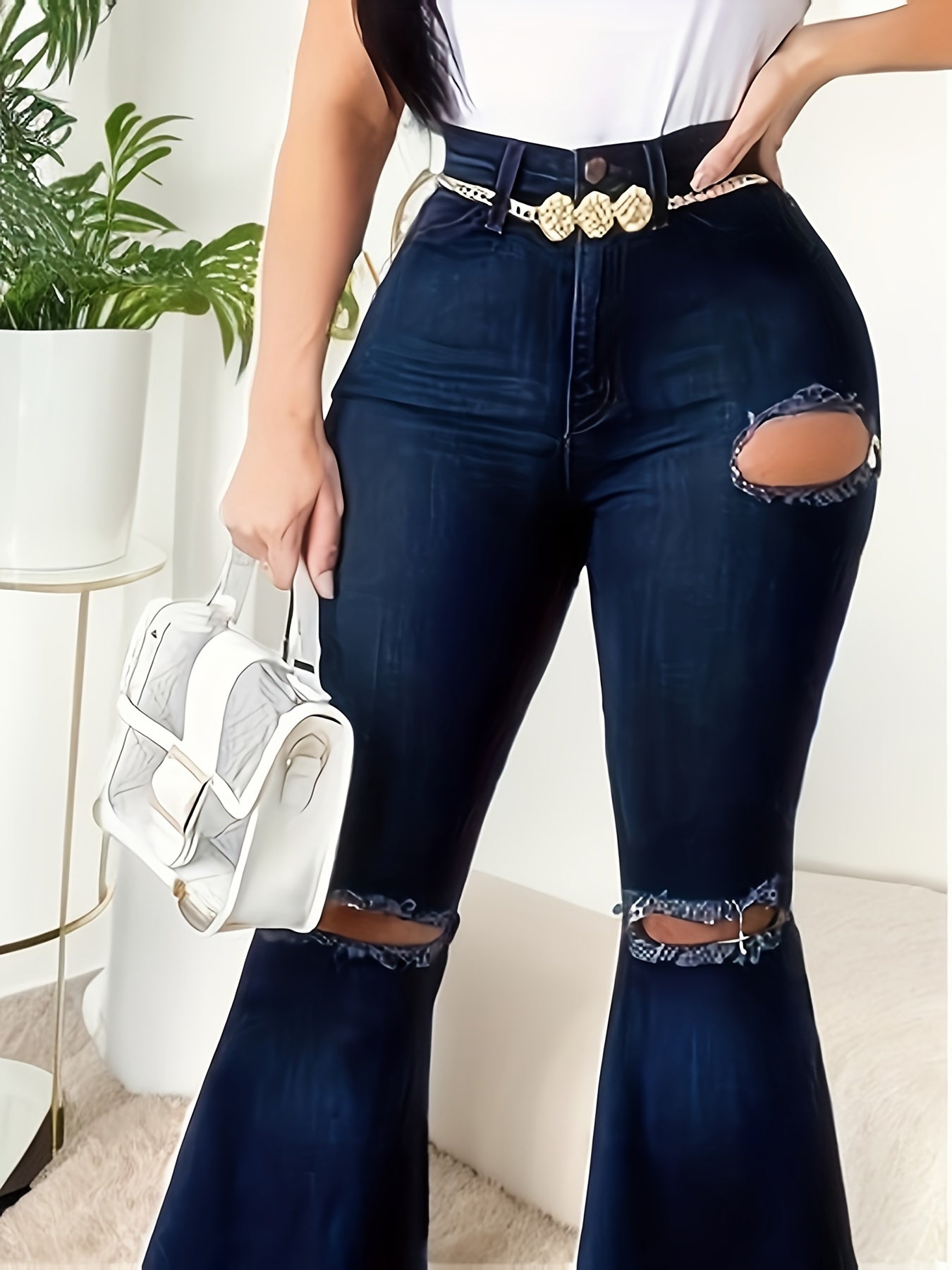 Women's High-Stretch Distressed Flared Jeans - Elegant Bell-Bottom Denim Pants with Geometric Pattern & Frayed Hem, Machine Washable All-Season Casual to Dressy Wear, Ladies Jeans, Versatile Clothing, Trendy Fashion, Durable