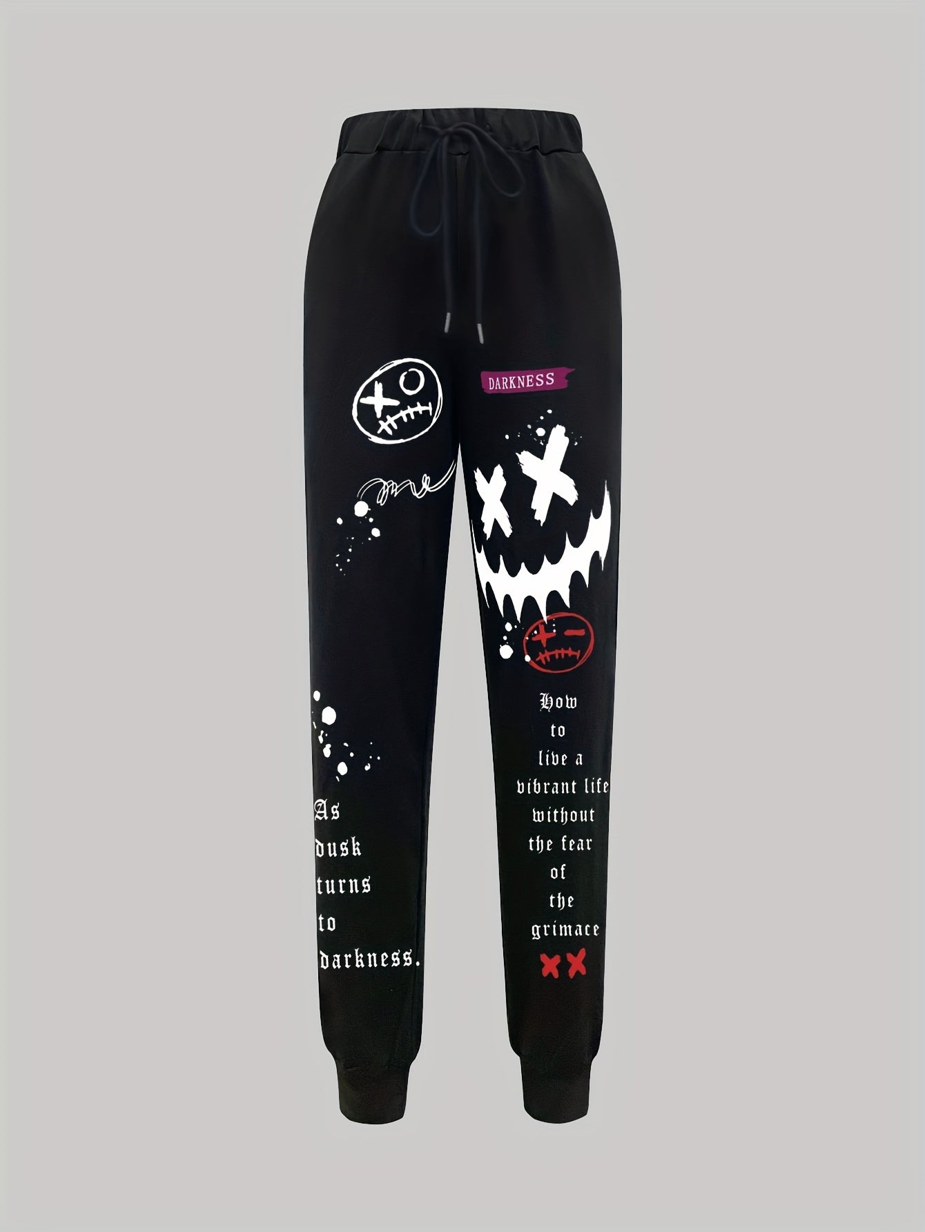 Women'S Casual Printed Sweatpants - Black with White Cartoon Face & Letter Design, Elastic Waistband with Drawstring, Lightweight Polyester for Spring/Fal