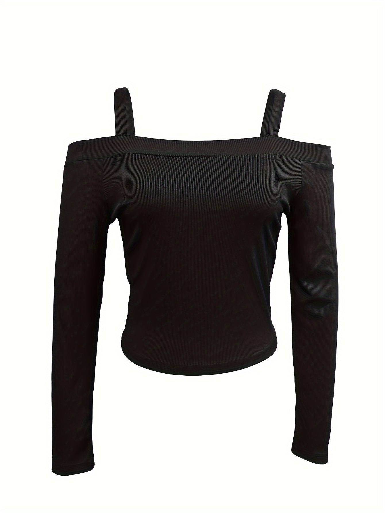 Women's Casual Fashion Long Sleeve T-Shirt with Ribbed Strap Detail, Polyester Knit Fabric, Square Neckline, Solid Color, Regular Length - Perfect for Fall/Winter Vacation Style