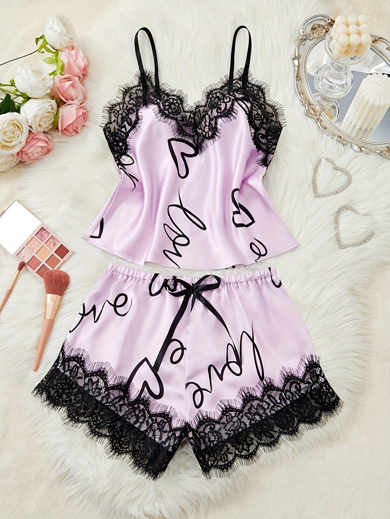 Women's Heart & Letter Print Lace Trim Elegant Satin Pajama Set, V Neck Backless Cami Top & Shorts, Comfortable Relaxed Fit, Summer Nightwear
