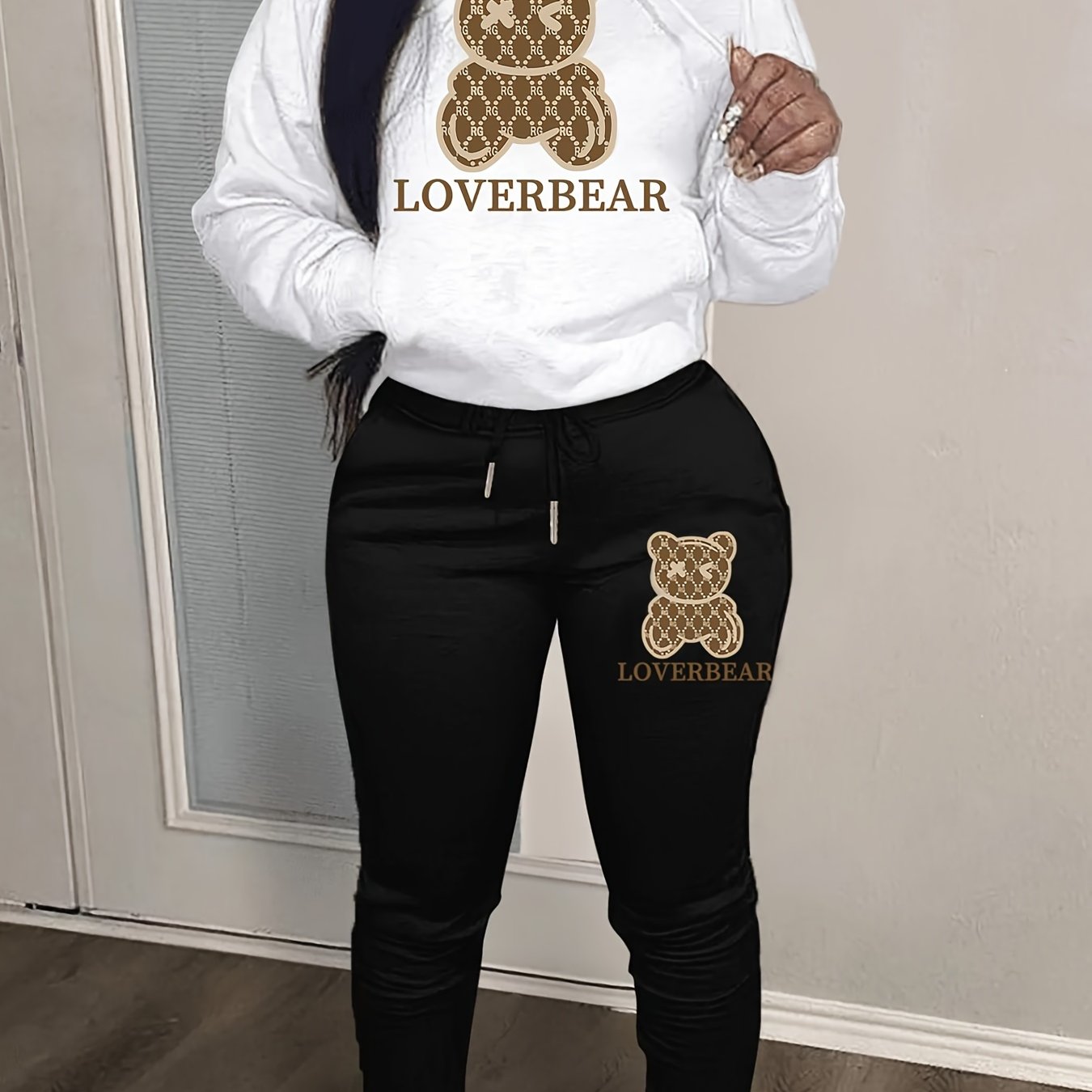 Cartoon Bear Print Two-piece Set, Drawstring Long Sleeve Hoodies & Workout Jogger Pants Outfits, Women's Clothing