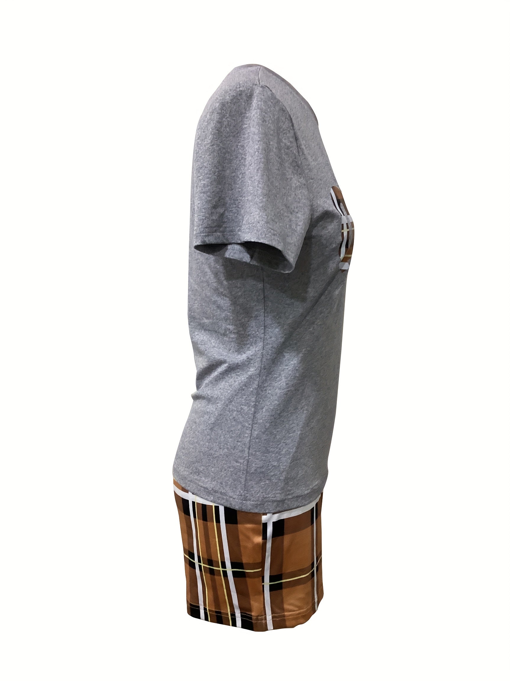 Casual Spring & Summer Two-piece Set, Queen Letter Print Short Sleeve Tee & Plaid Slim Shorts Outfits, Women's Clothing