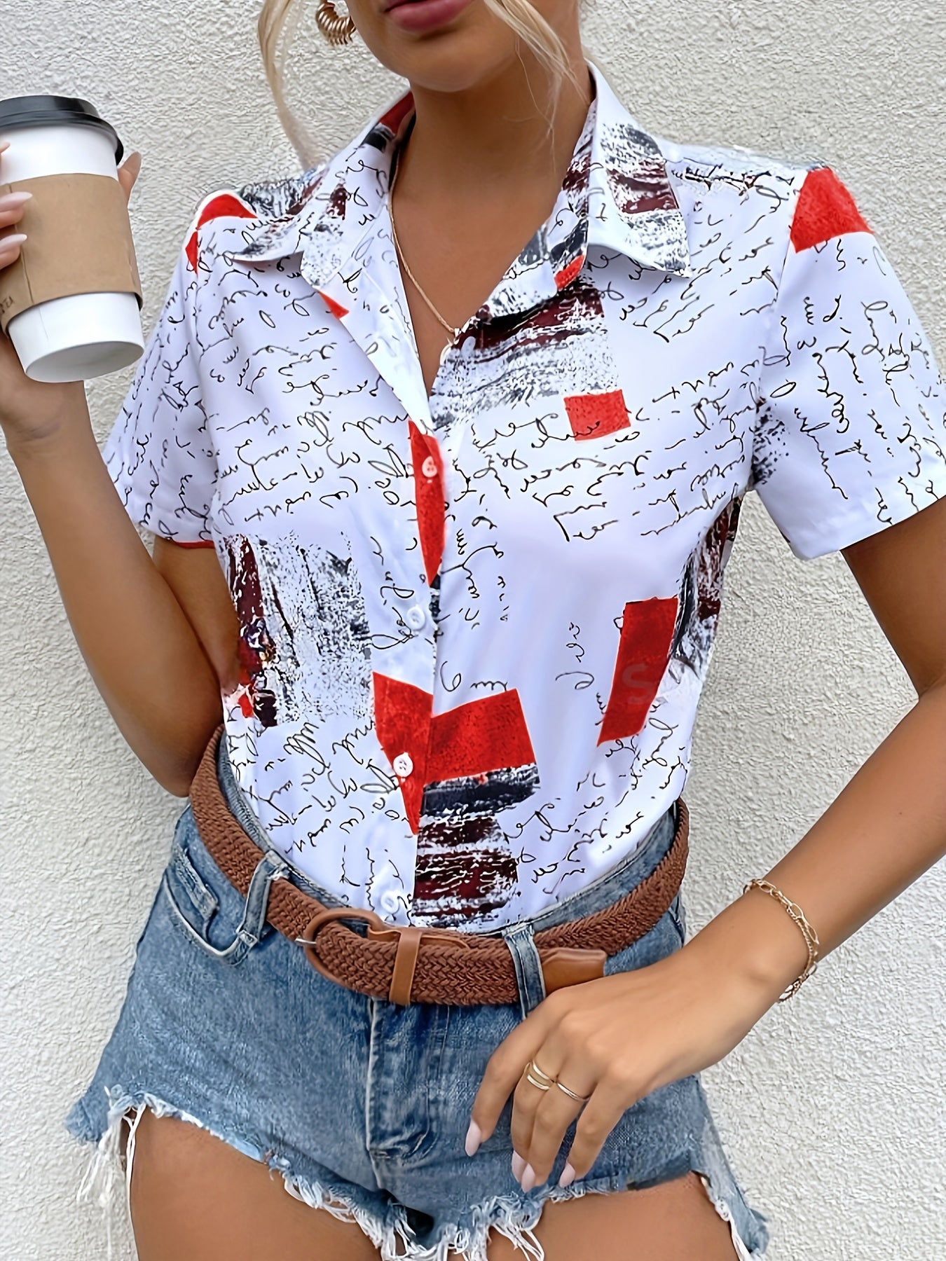 Letter Print Button Up Shirt, Elegant Lapel Collar Short Sleeve Shirt For Spring & Summer, Women's Clothing