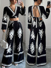 New Stylish Ethnic Patterned Long-Sleeve Top Set with a V-Neck, Backless Design, And Elegant Tie Details for Women.