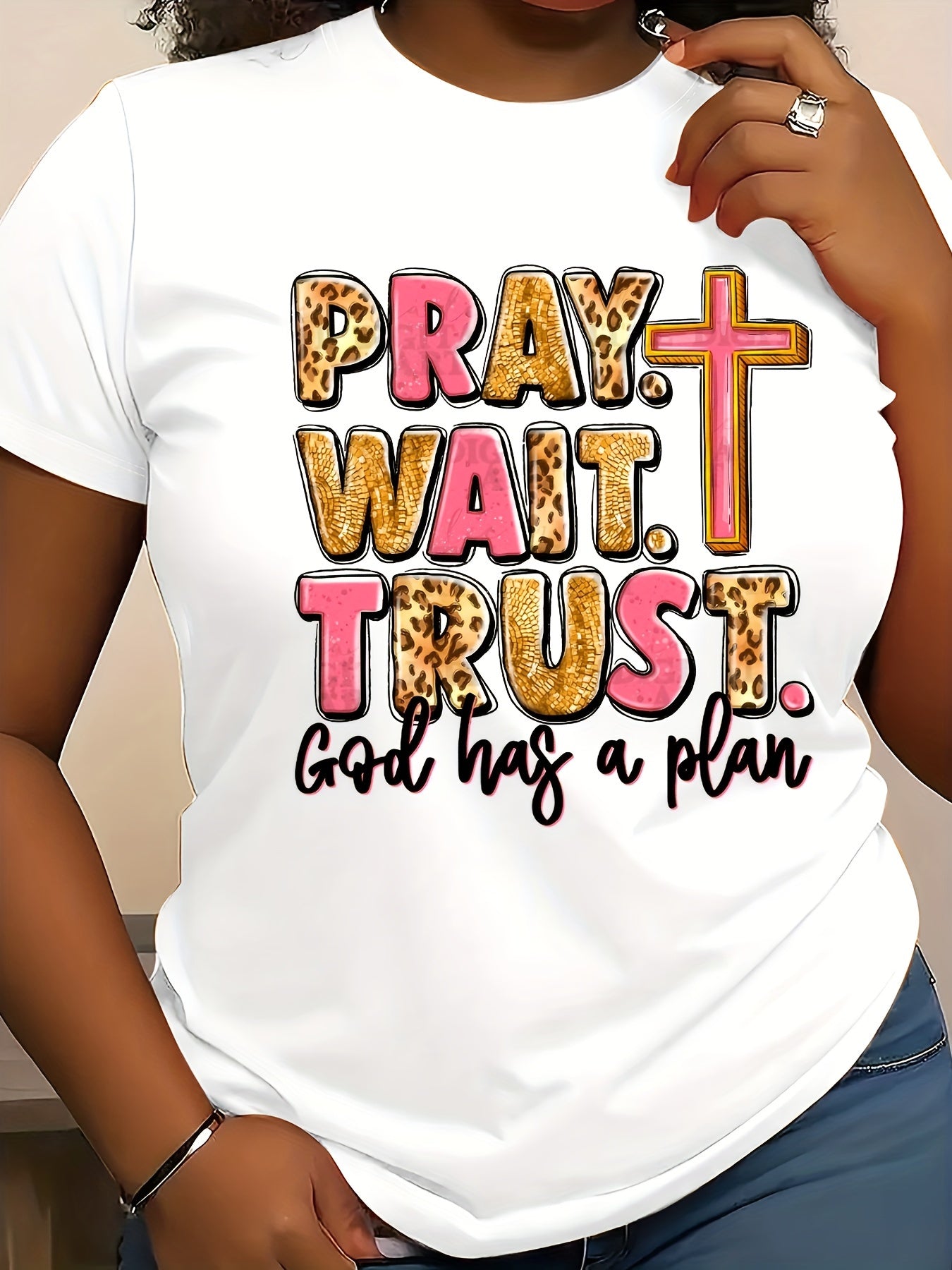 Women's "Pray. Wait. Trust. God Has a Plan" Inspirational T-Shirt - Casual Crew Neck, Short Sleeve, Soft Knit, Regular Fit, All-Season Wear, 180gsm, Machine Washable, Ladies T Shirts