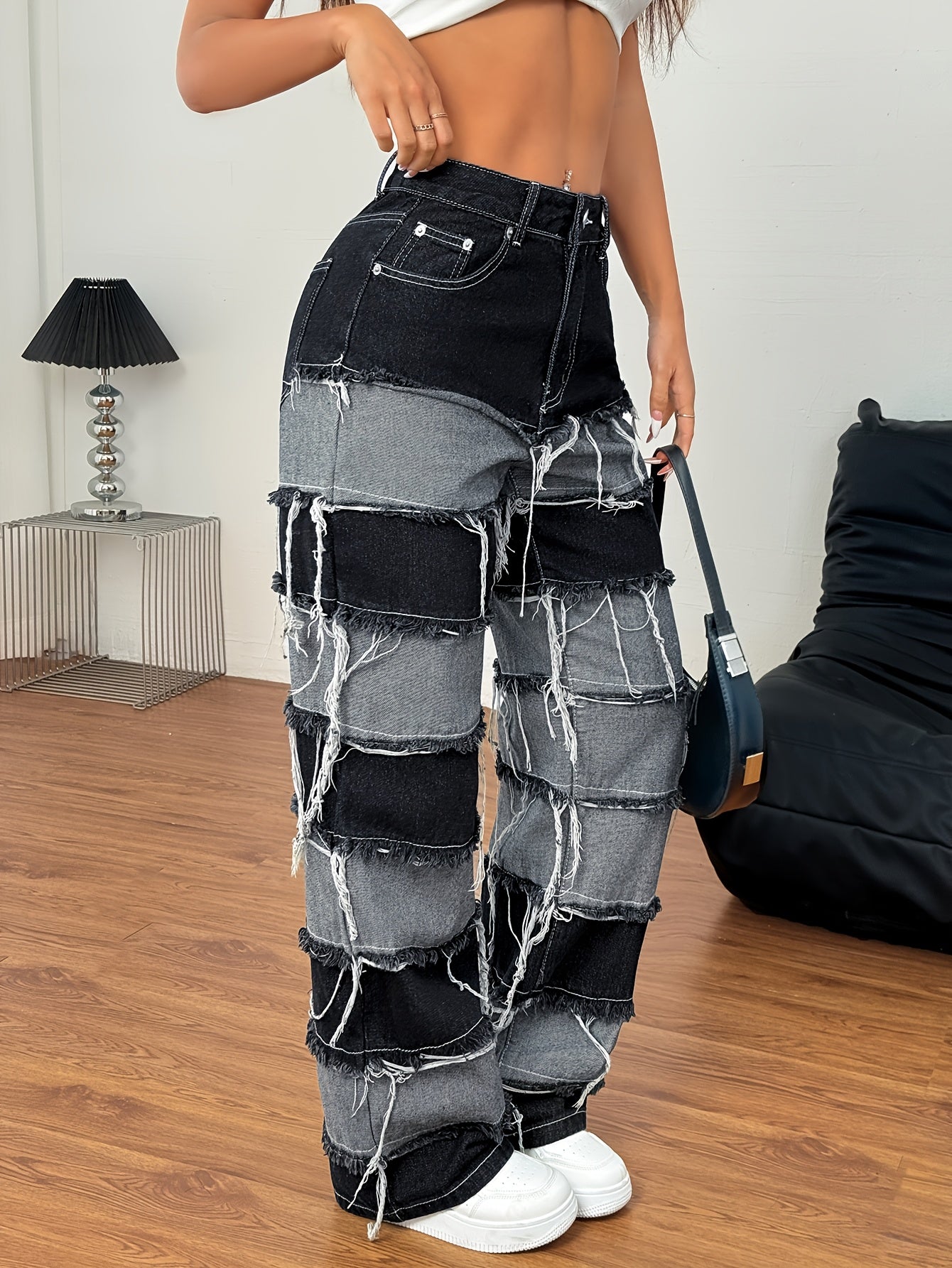 Women'S Patchwork Denim Jeans - Cotton Blend Straight Leg Long Pants, Street Style, Non-Stretch Woven Fabric, with Frayed Hem, Zipper Fly, Pocket Detail, for Casual Weekend Wear