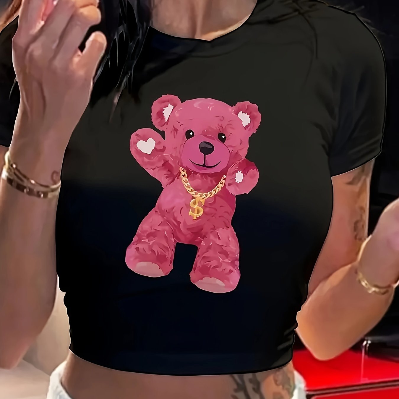 1pc Y2K Style Pink Teddy Bear Graphic Crop Top - Short Sleeve Round Neck Semi-Transparent Polyester Blend Tee for Women, Spring/Summer Casual Wear, Teddy Bear T Shirt