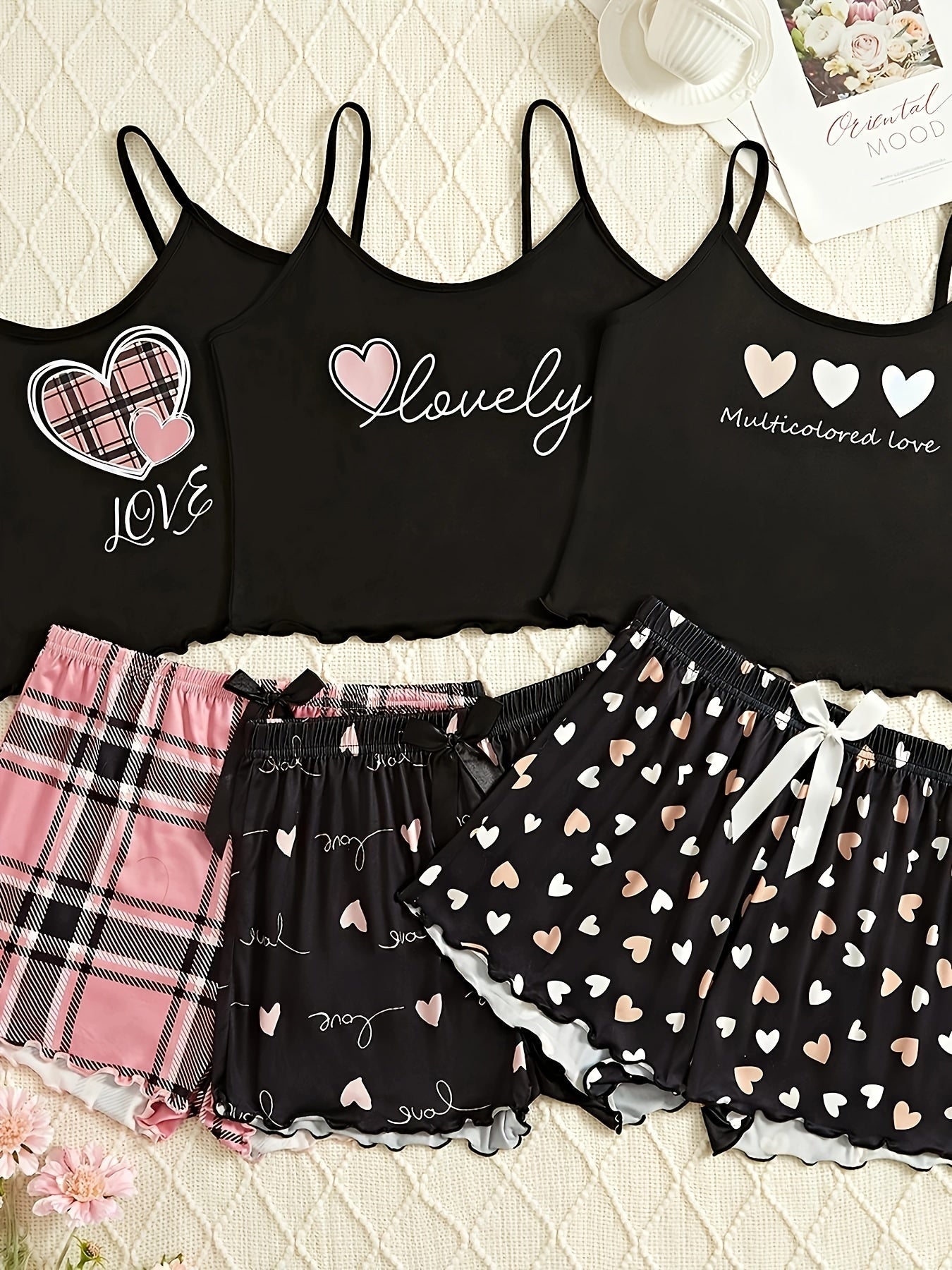 Women's Cute Cartoon Heart Print Pajama Sets, 6-Piece Triple Pack, Knit Polyester Fabric with Elastane Stretch, Crew Neck, All Season Comfort, Patterned Sleepwear for Adults