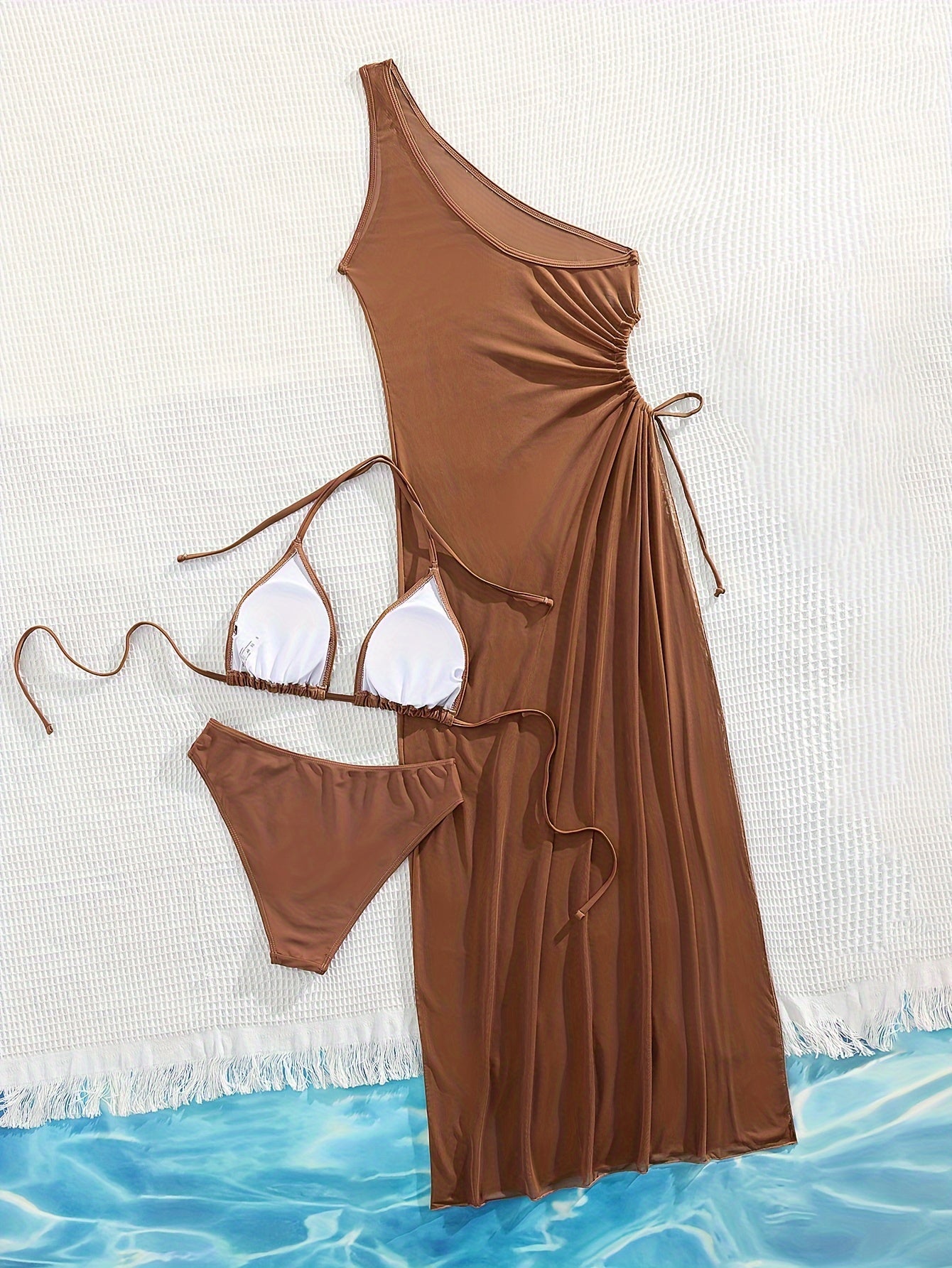 Women's 3pcs Brown Bikini Set with One-Shoulder Ruched Top, High-Waisted Bottoms & Sheer Side-Slit Cover-Up Dress - Elegant Beachwear in Stretchy Polyester/Elastane Blend, Beachwear Essentials|Tankstyle Dress|Stretchy Fabric,