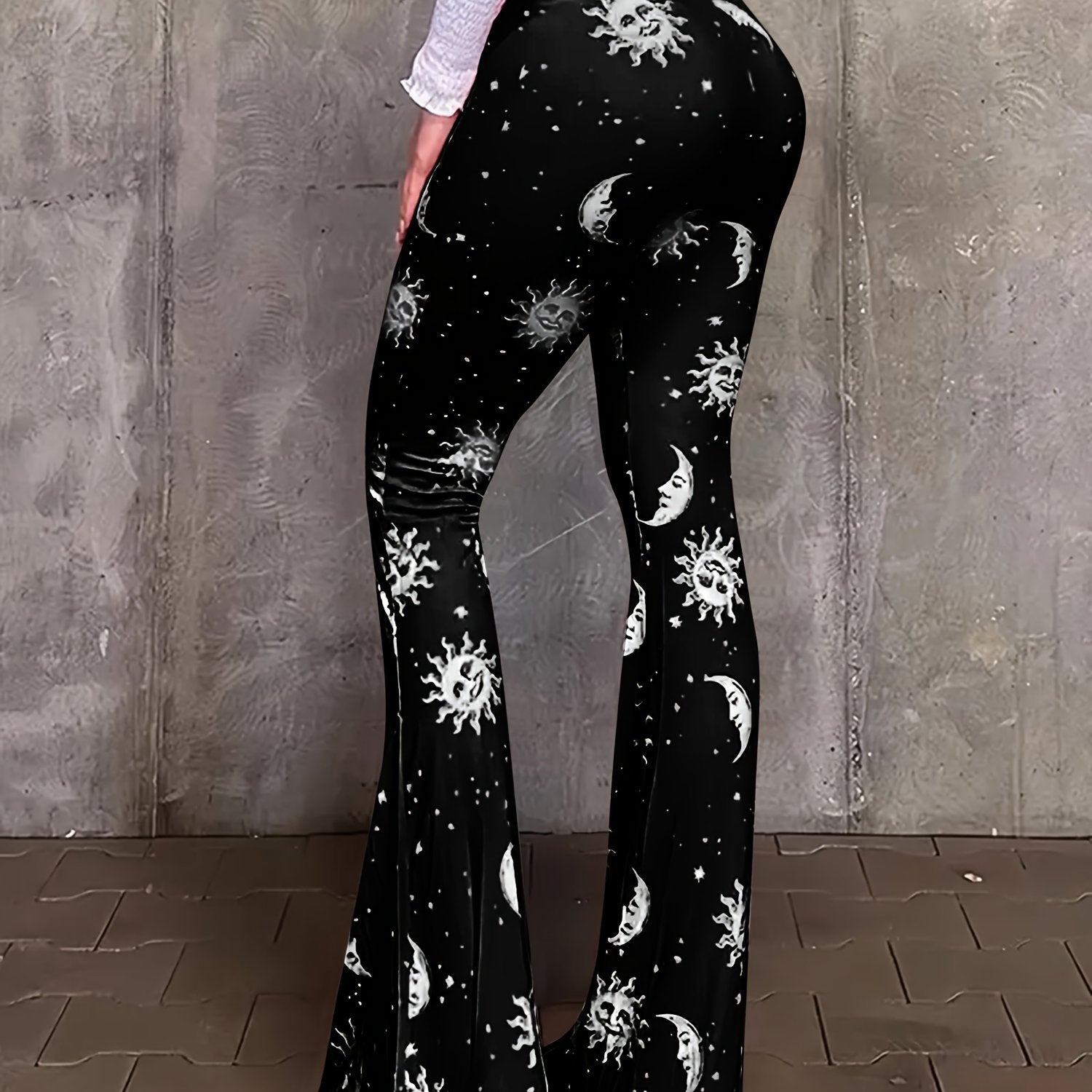 Polyester Spandex Blend Flare Leg Pants - Galaxy Moon Sun Print - Young Style for Adult Women - Spring/Fall Season