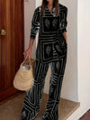 Women'S Stylish Black and White Geometric Print Two-Piece Set - Long Sleeve Blouse with Cactus Design & Matching Pants, Perfect for Spring/Fall, Casual Attire|Geometric Print Top|Polyester Fabri