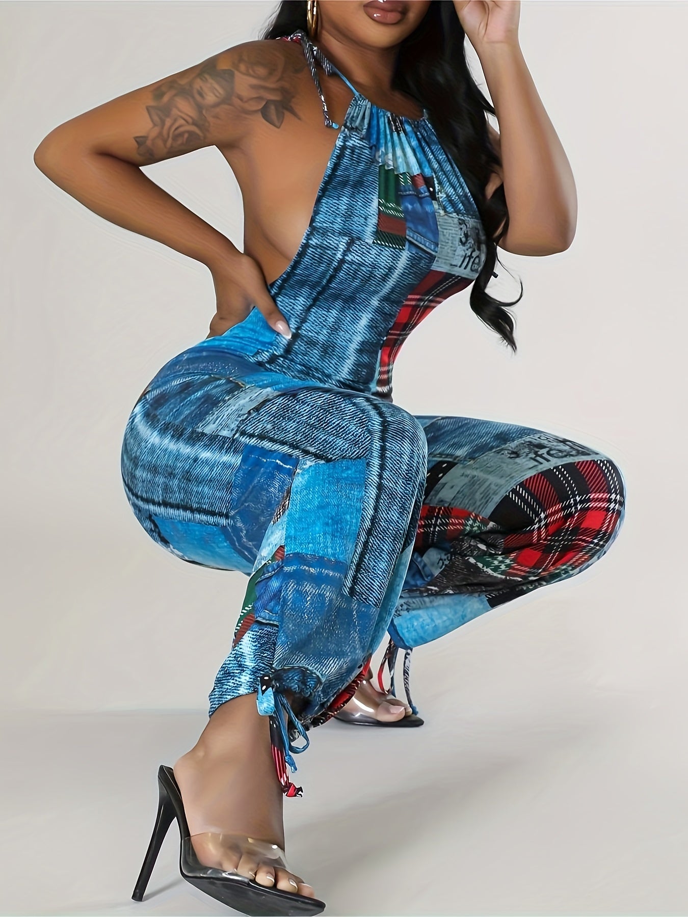 Patchwork Print Faux Denim Print Jumpsuit, Casual Sleeveless Tie Strap Drawstring Jogger Jumpsuit For Spring & Summer, Women's Clothing
