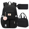 HIDDS Preppy Style 3pcs Backpack Set with Lunch & Pen Case, Nylon Urban Theme Women'S Travel College Backpack, Adjustable Straps, Zipper Closure, Solid Black - Fits 15.6" Laptop