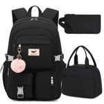 HIDDS Preppy Style 3pcs Backpack Set with Lunch & Pen Case, Nylon Urban Theme Women'S Travel College Backpack, Adjustable Straps, Zipper Closure, Solid Black - Fits 15.6" Laptop