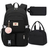 HIDDS Preppy Style 3pcs Backpack Set with Lunch & Pen Case, Nylon Urban Theme Women'S Travel College Backpack, Adjustable Straps, Zipper Closure, Solid Black - Fits 15.6" Laptop