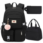 HIDDS Preppy Style 3pcs Backpack Set with Lunch & Pen Case, Nylon Urban Theme Women'S Travel College Backpack, Adjustable Straps, Zipper Closure, Solid Black - Fits 15.6" Laptop