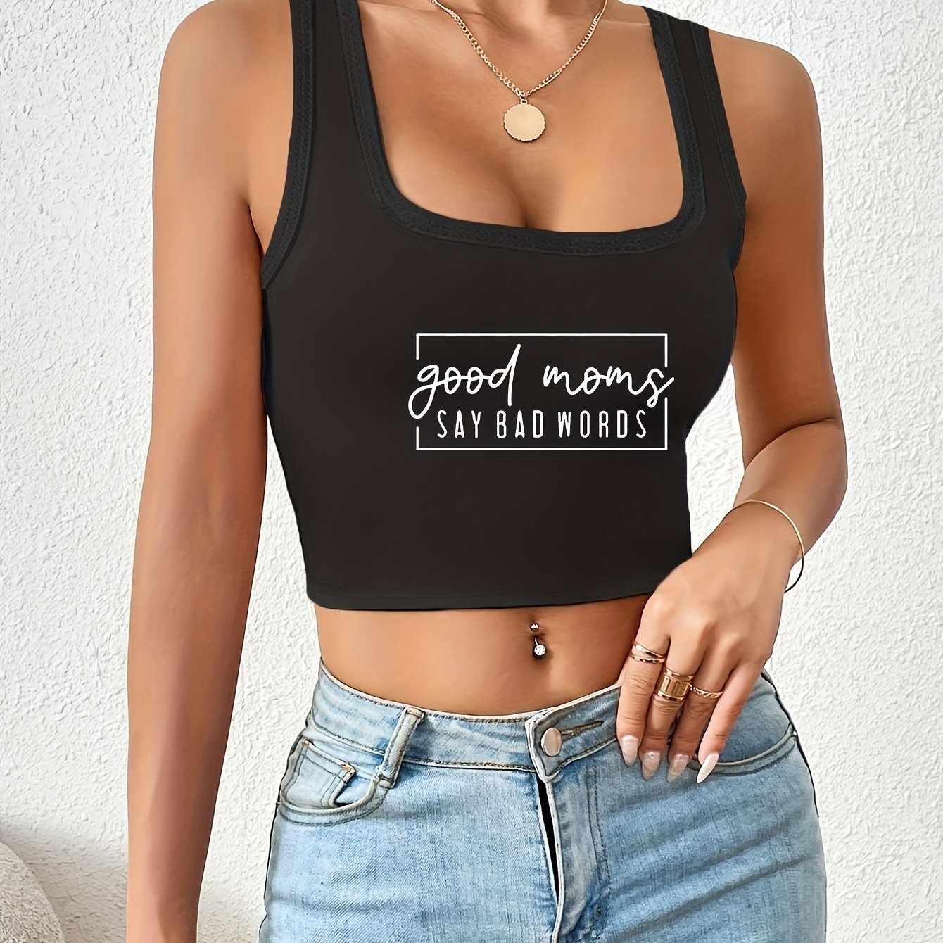 Women's Sexy Casual Cropped Vest - "Good Moms Say Bad Words" Letter Print, Black Sleeveless Round Neck Stretchy Top, Machine Washable Regular Fit for All-Season Layering, Allseason Apparel, Playful Print, Medium Elasticity