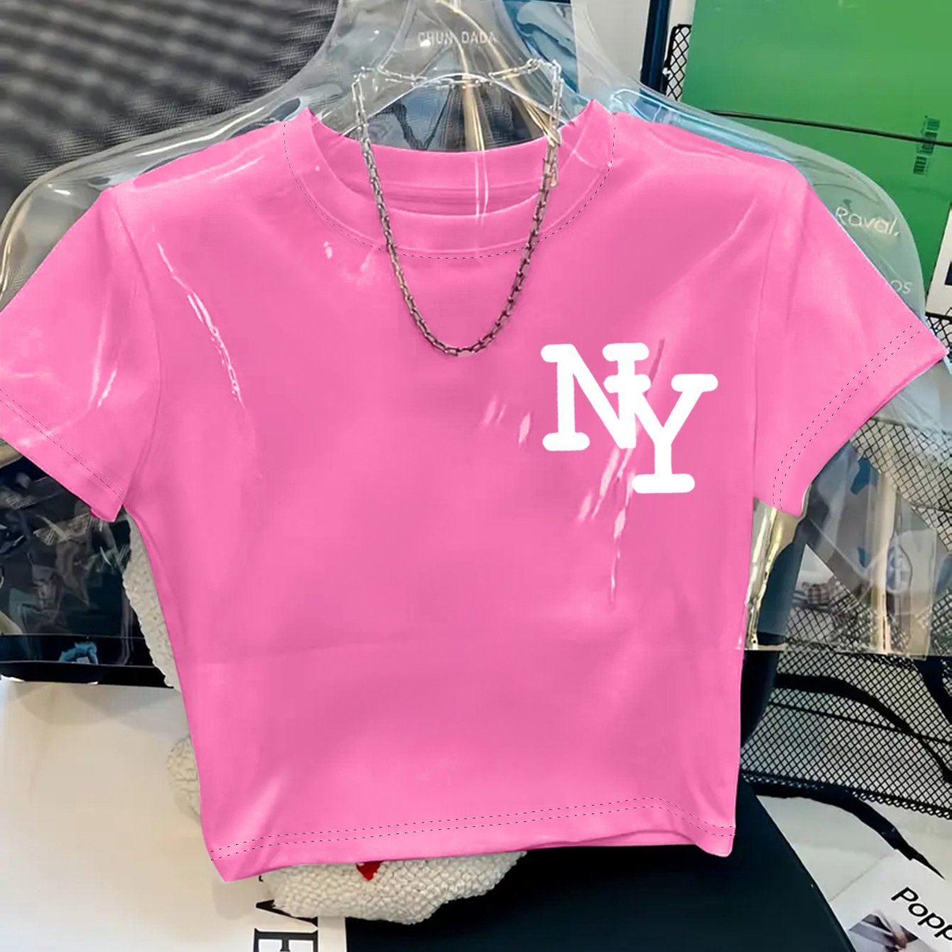 Women's Y2K Style NY Monogram Graphic T-Shirt - Soft Stretchy Polyester Blend, Oversized Cropped Fit, Machine Washable Spring/Summer Casual Top