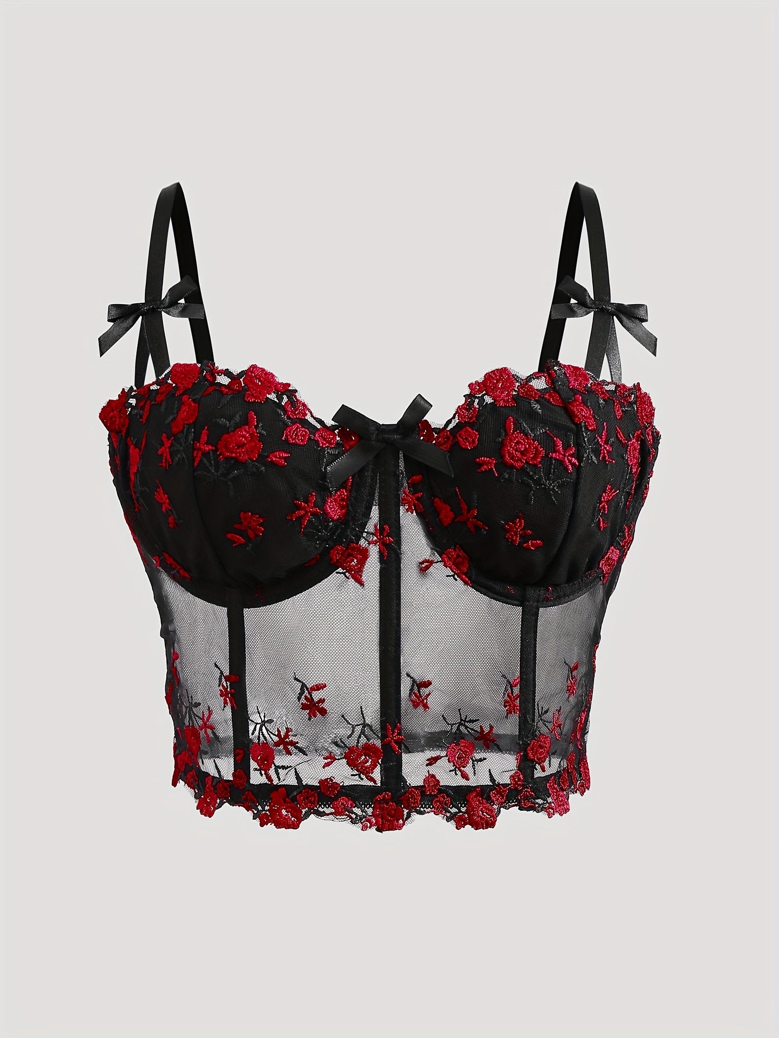 Elegant Black & Red Rose Floral Lace Embroidered Corset Top - Sexy Low-Cut V-Neck Fishbone Mesh Bustier with Adjustable Straps for Women, Perfect for Spring/Summer/Fall, Autumn Clothing | Floral Embroidery | Rose Pattern Desi