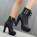 Women's Fashion Chunky Heel Ankle Boots, Autumn & Winter Round Toe High Platform, Side Zipper Lace-up With Metallic Buckle, Comfortable Booties