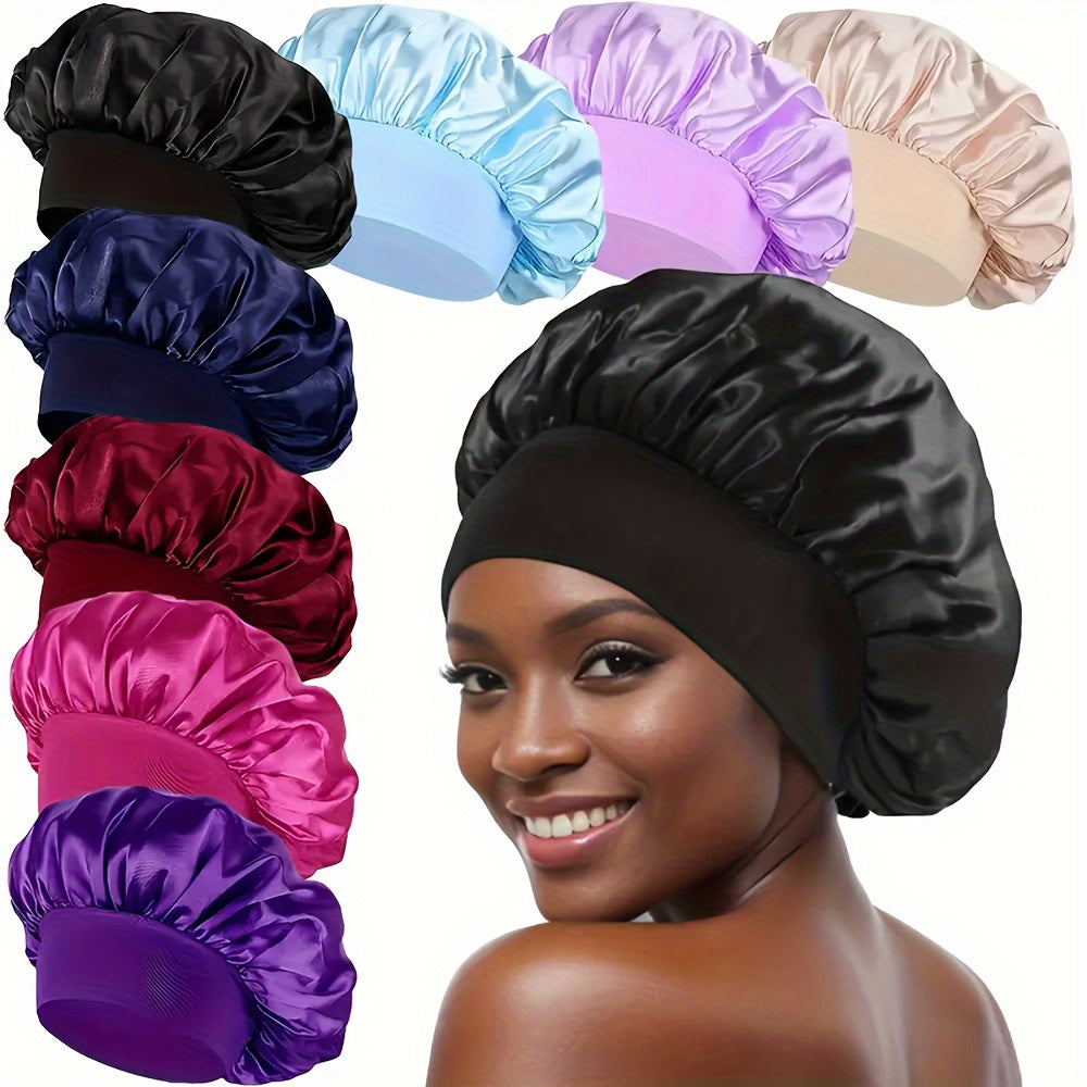 8-Pack Satin Bonnet Caps for Women - Elastic Wide Band, Reusable Hair Protection Sleep Caps for Curly and Natural Hair, Unscented Shower Caps