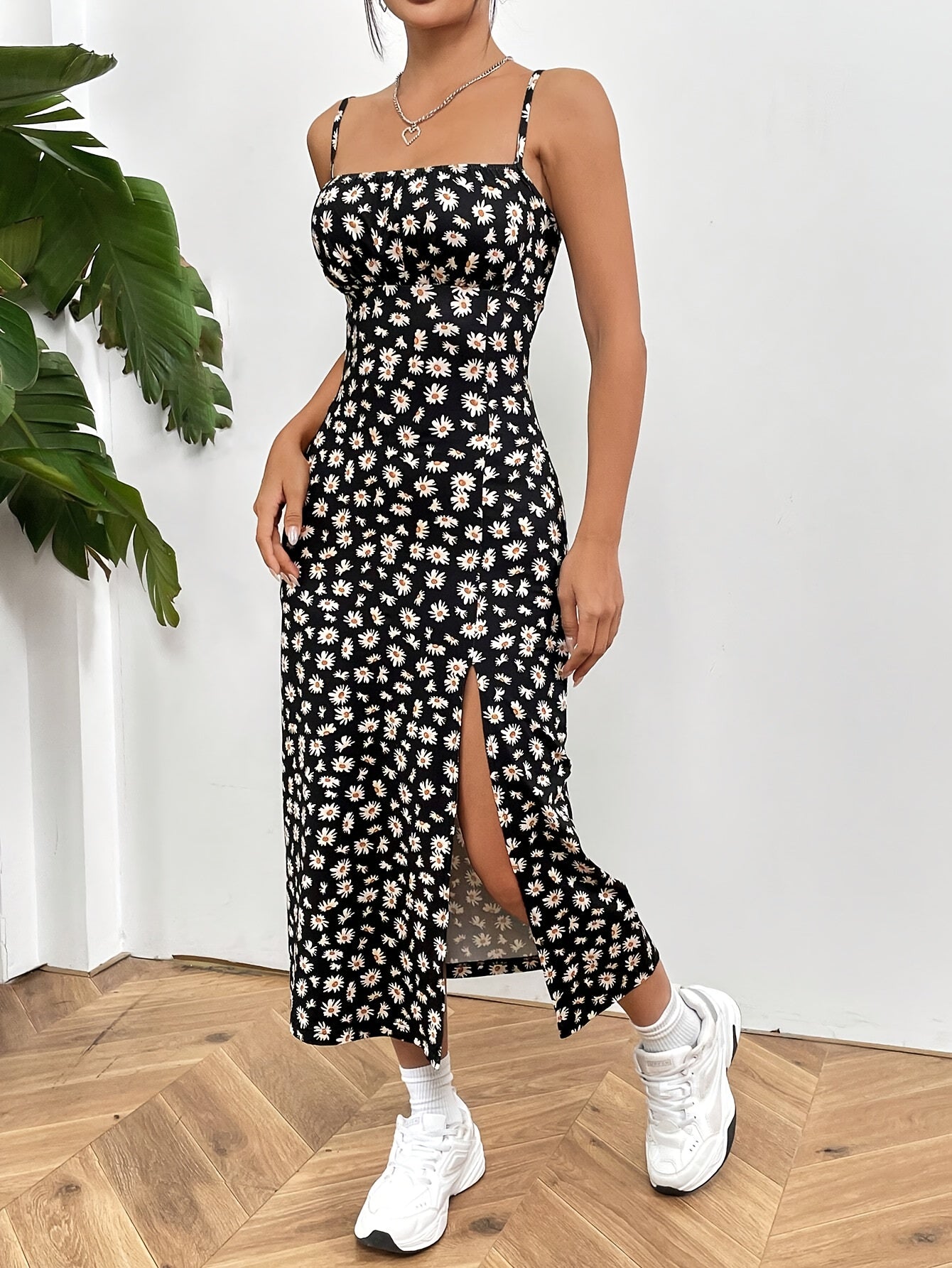 Women's Elegant Floral Print Knit Midi Dress with Adjustable Thin Straps, Ruffled Hem & Split Side - Yellow Off-Shoulder Vacation Dress for Spring & Summer, Summer Outfit | Offshoulder Dress | Stylish Design, Cute Dresses