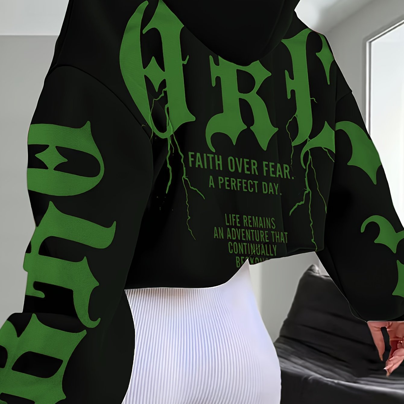 Women'S Stylish Black Hoodie with Vibrant Blue "Fear" Graphic Print - Casual Long Sleeve Pullover, Polyester Knit Fabric, Fall & Winter Essentials, Fall Winter Apparel | Bold Graphic Hoodie | Polyester Hoodie