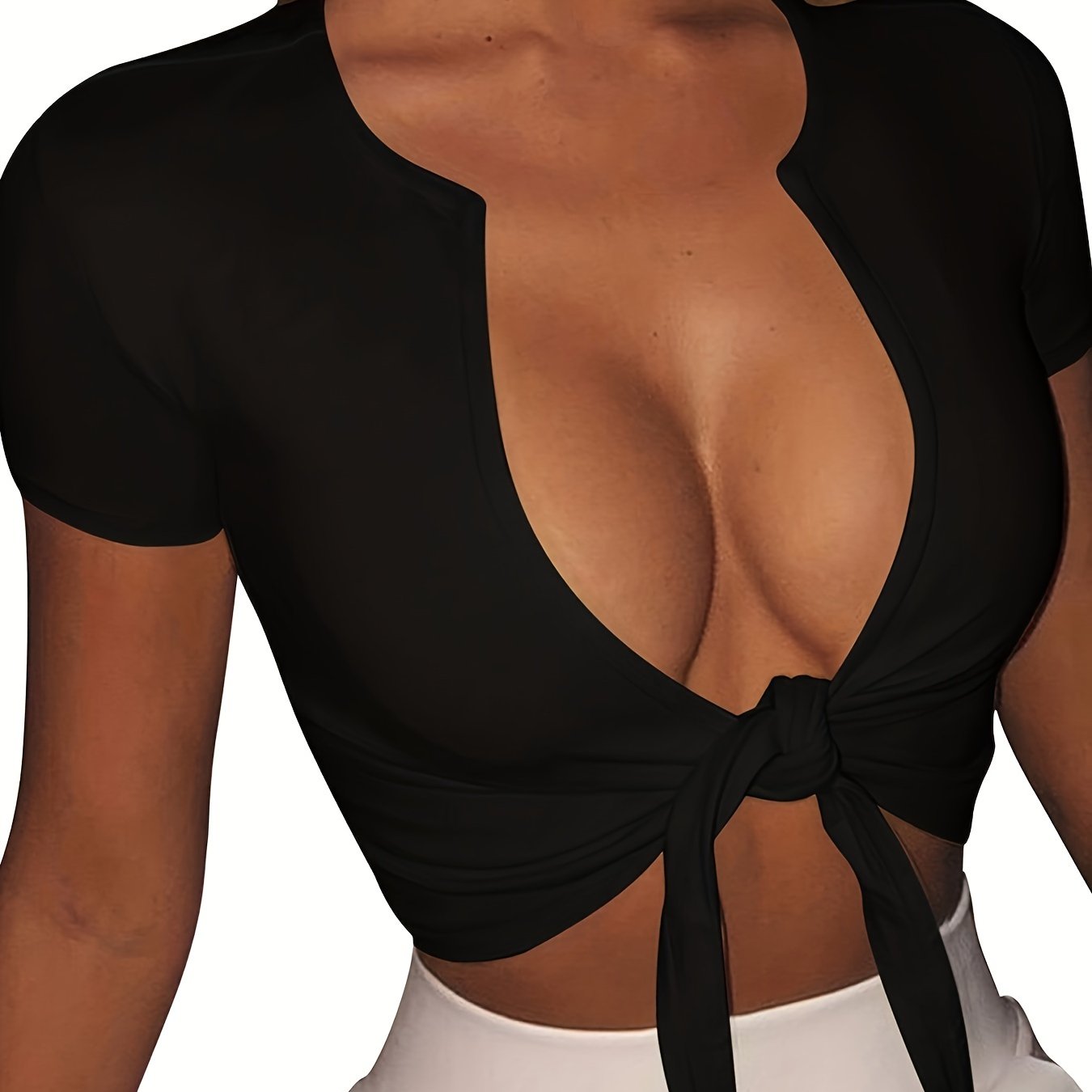 Tie Front Crop Short Sleeve T-shirt, Sexy Solid Color Top For Spring & Summer, Women's Clothing