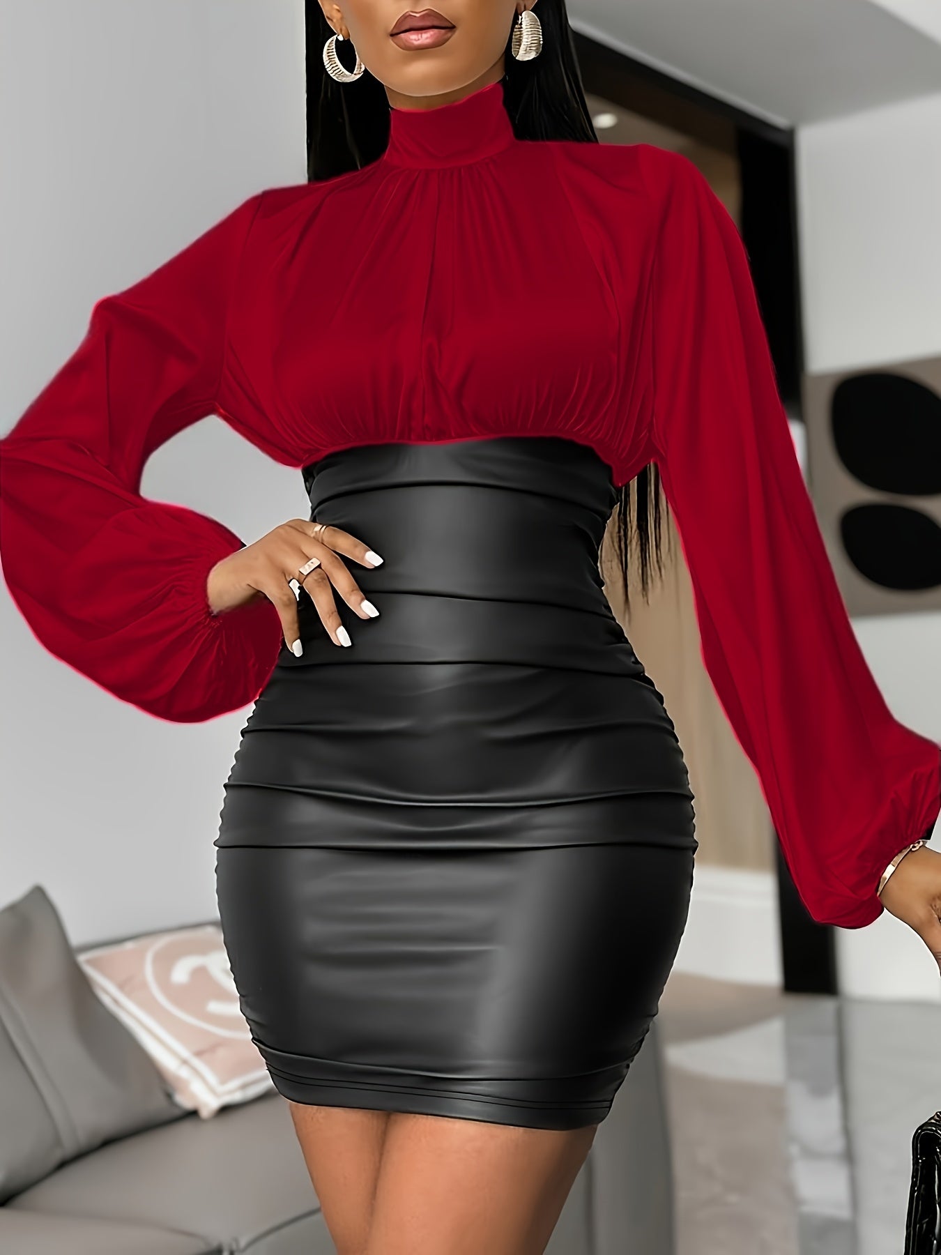 Elegant Women'S Patchwork Mini Dress with Pleated Detail, Long Sleeve, Stand Collar, and Side Zipper - Chic Two-Tone Business Casual Attire, All-Season Wear, Stylish Women'S Attire|Stand Collar Dress|Zipper Detailing