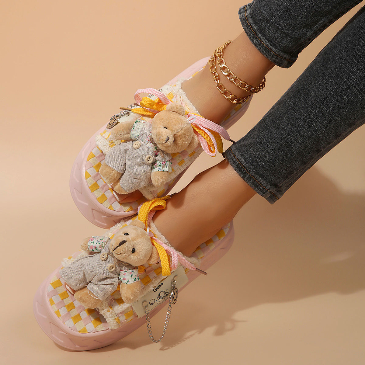 Women's Cute Bear Charm Slide Sandals - Comfy Thick Sole Pink Platform Shoes with Checkered Pattern, Casual Open-Toe Design for Casual Attire, Strappy Sandals