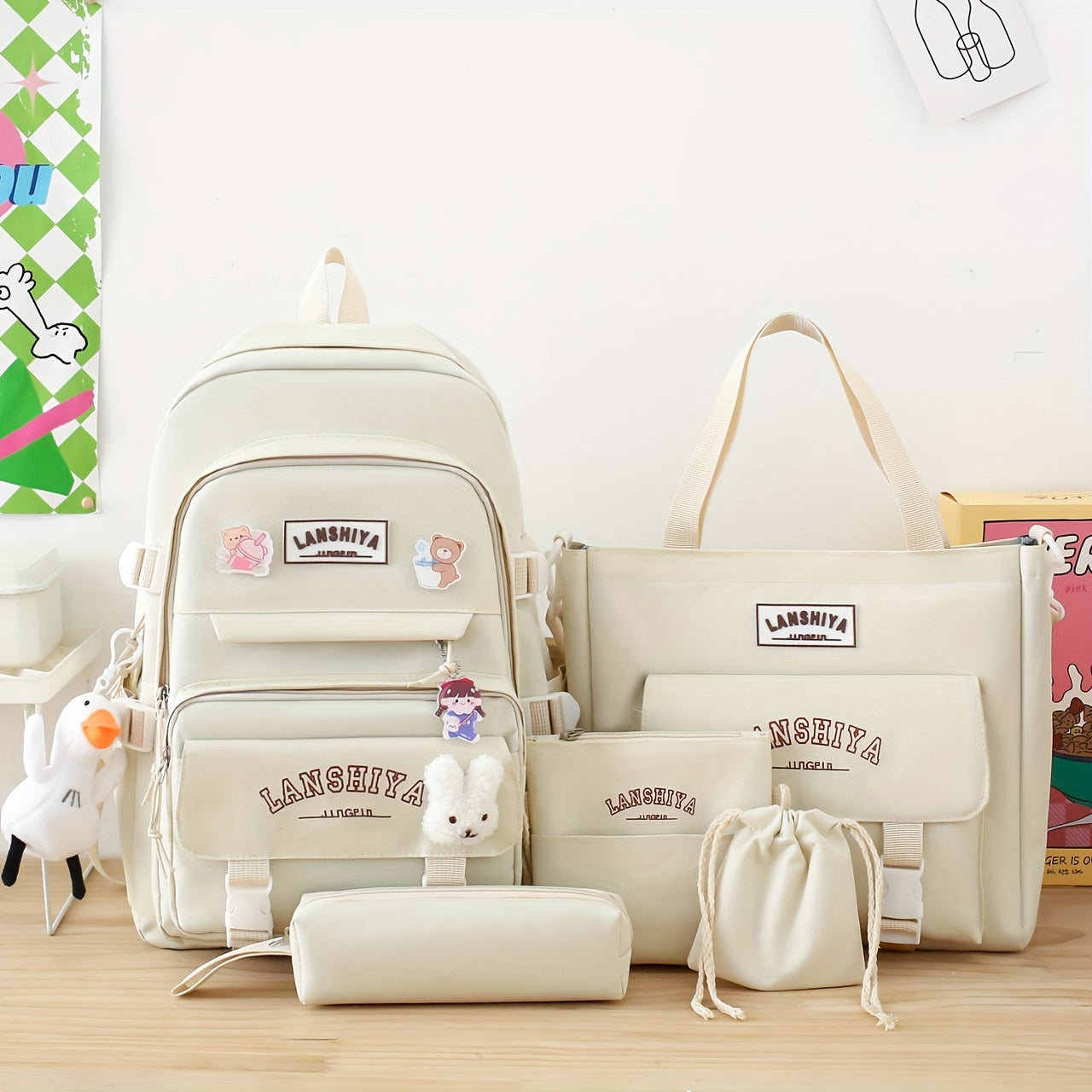 5 - Piece Set of Solid - Color Student Backpack Sets, Large - Capacity And Multifunctional, with Adorable Charms And Badges