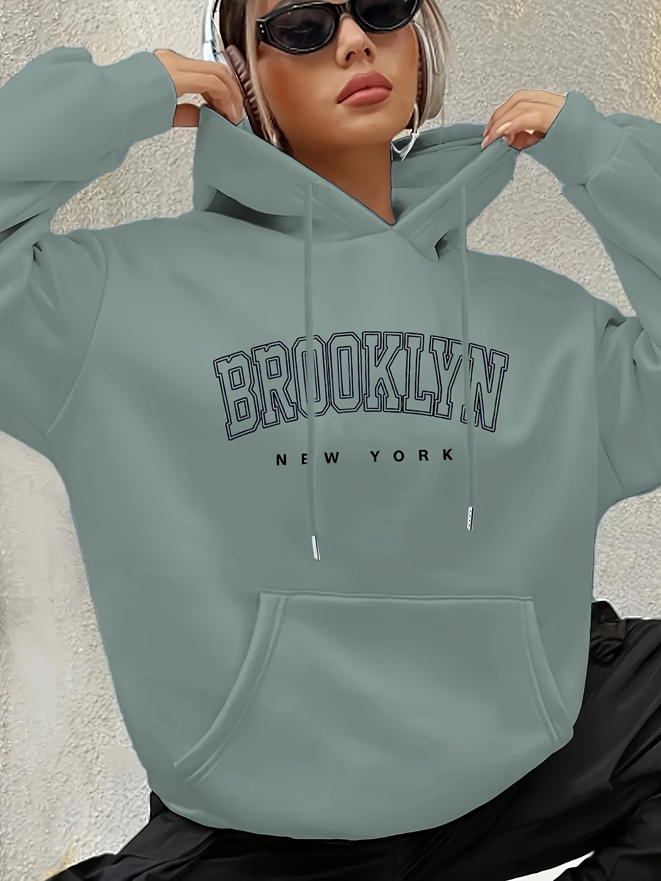 Women's Brooklyn-Inspired Blue Hoodie - Casual Polyester Pullover with Geometric Design, Machine Washable, Ideal for Spring/Summer/Fall, Casual Wear Hoodie | Trendy Casual Hoodie | Knitted Texture, Sweater Hoodie