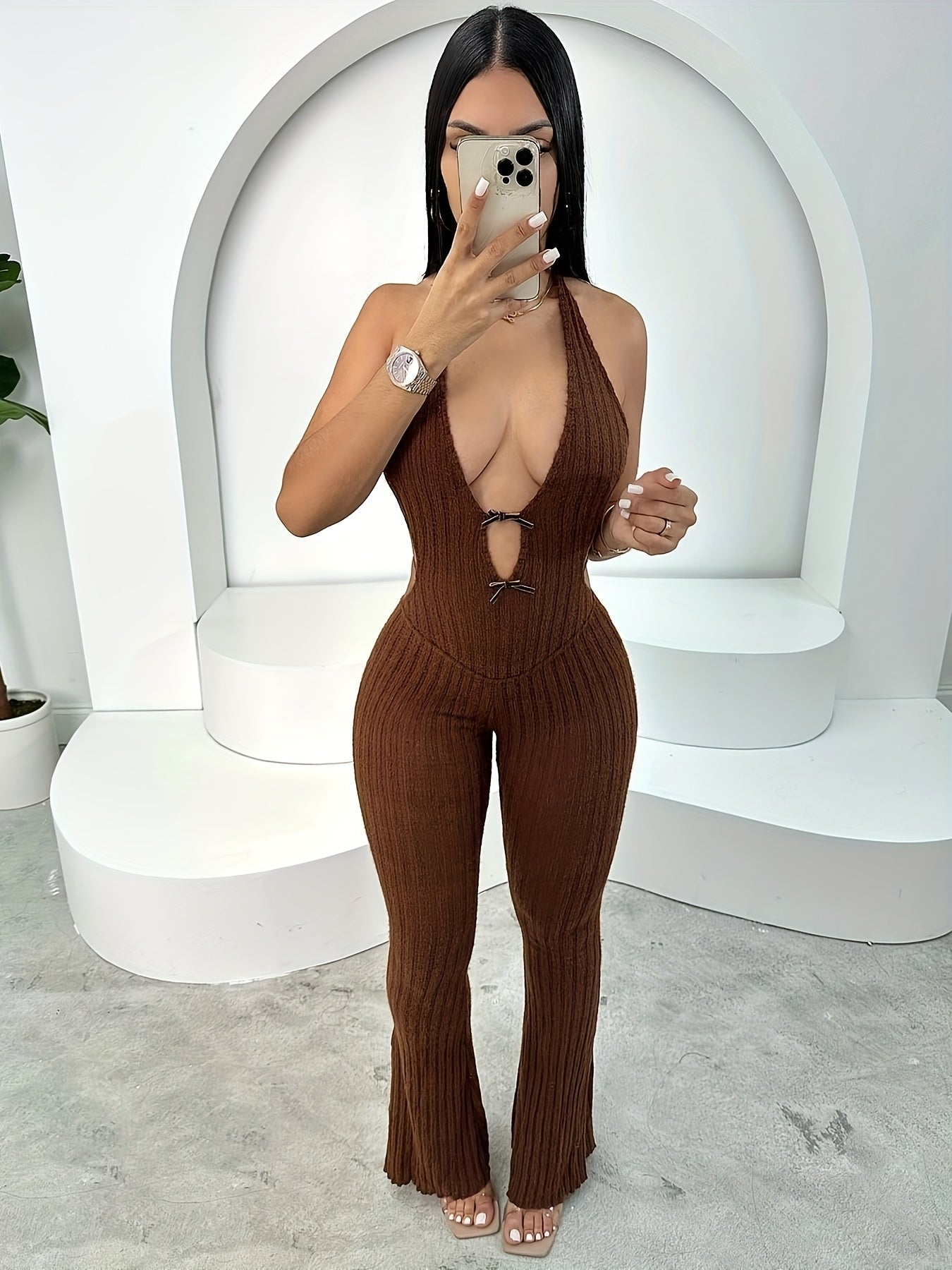 Women'S Sexy Halter Neck Jumpsuit - Solid Color Knit Fabric Unitard with Slim Tie Detail, Polyester 95% Elastane 5%, Flared Leg Design for All Seasons