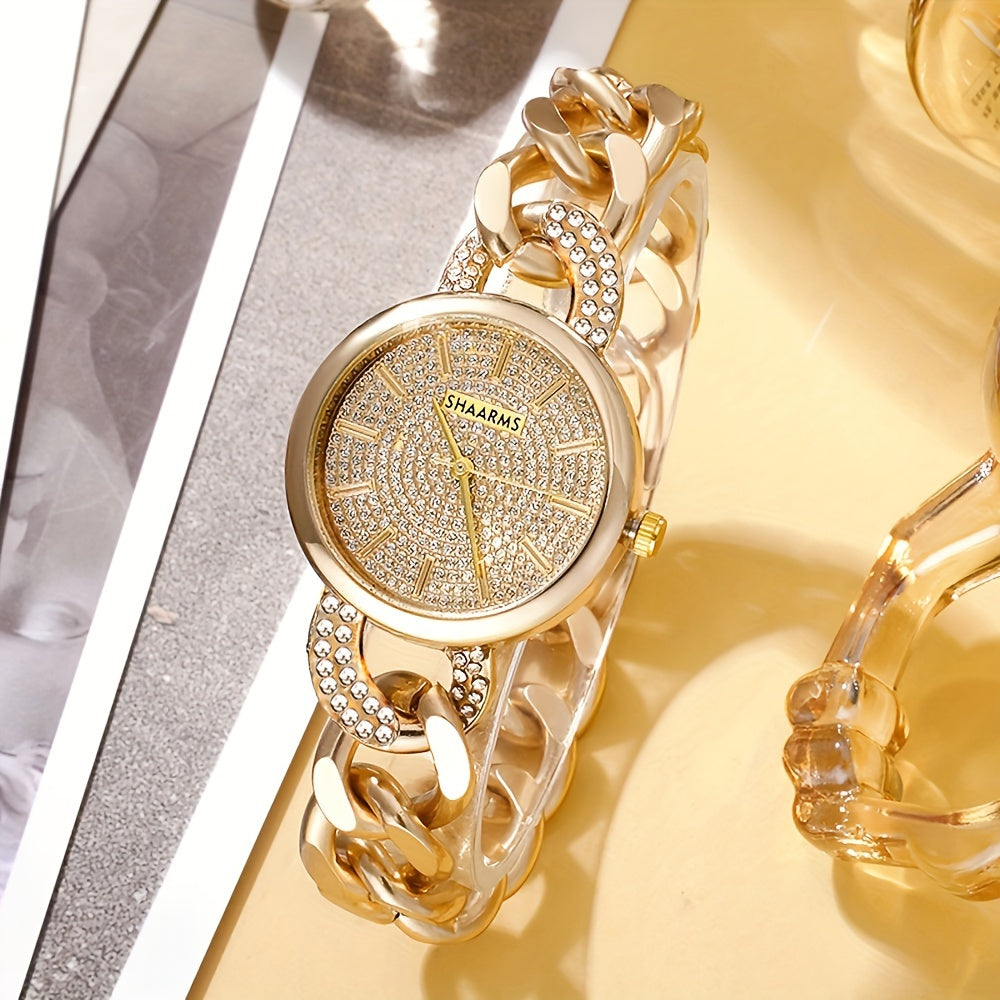 2pcs Elegant Women's Golden-Toned Quartz Watch with Sparkling Rhinestone Dial & Chunky Chain Bracelet Set - Perfect Fashion Gift for Her, Women's Fashion Accessory|Coordinated Outfit|Alloy Construction