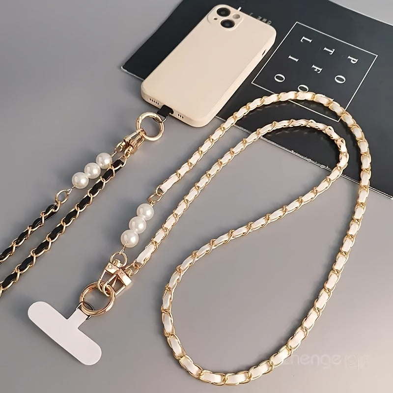 Durable, Chic Faux Pearl & Faux Leather Crossbody Phone Lanyard - Elegant Shoulder Strap Accessory